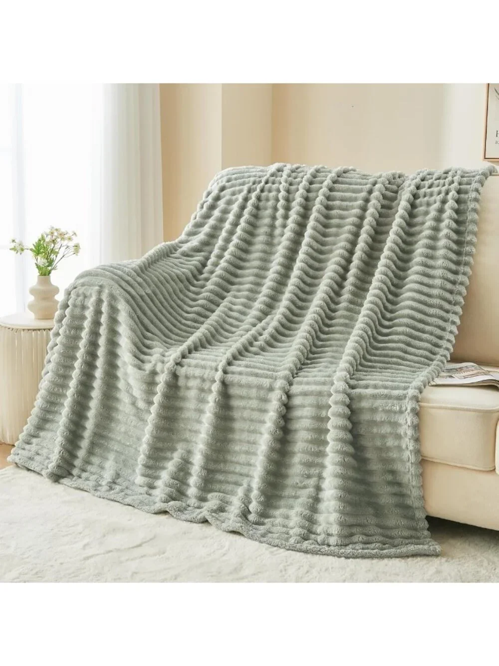 Cozy Sage Green Ribbed Throw Blanket | Soft Silky Flannel Fleece | All Season